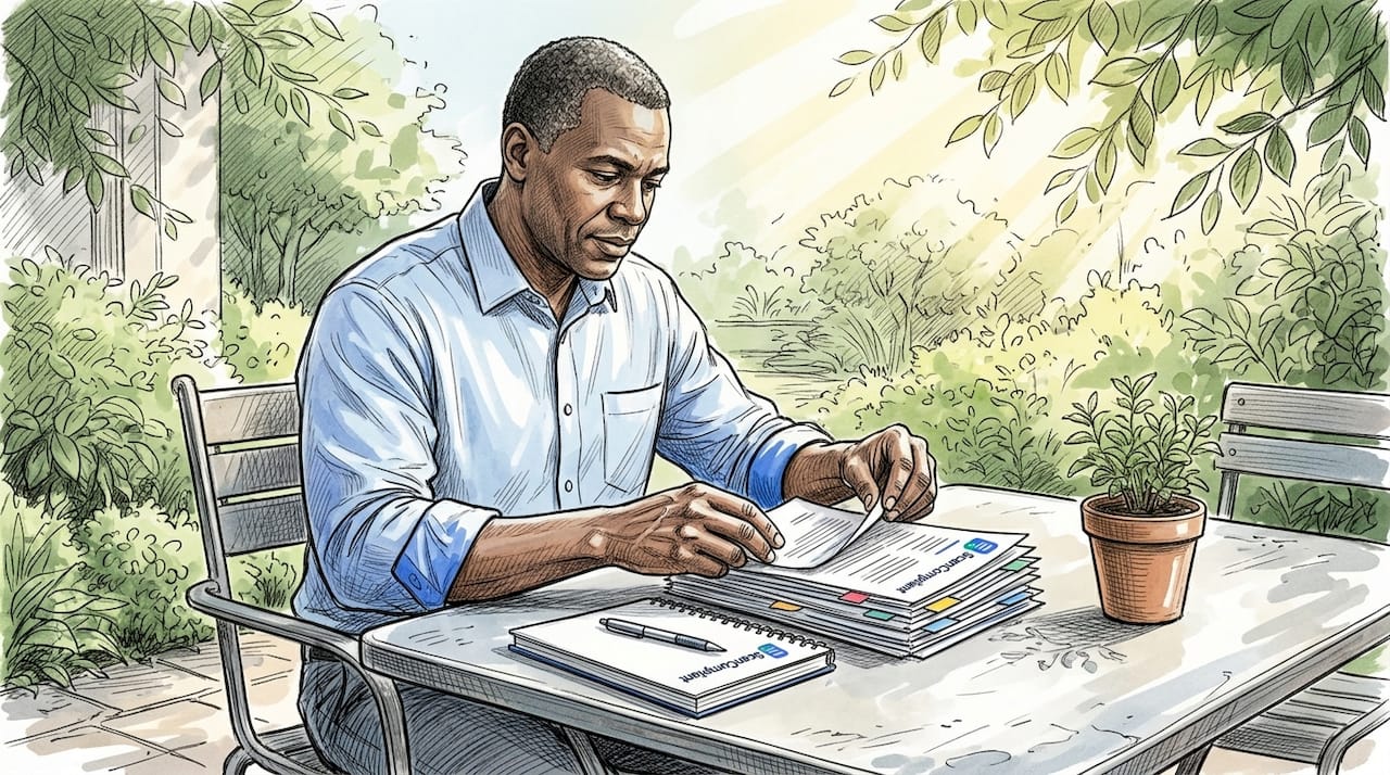 Hands organizing healthcare regulatory documents