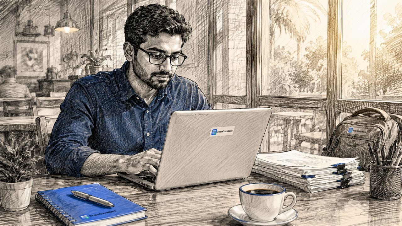 Hands typing on laptop reviewing compliance data