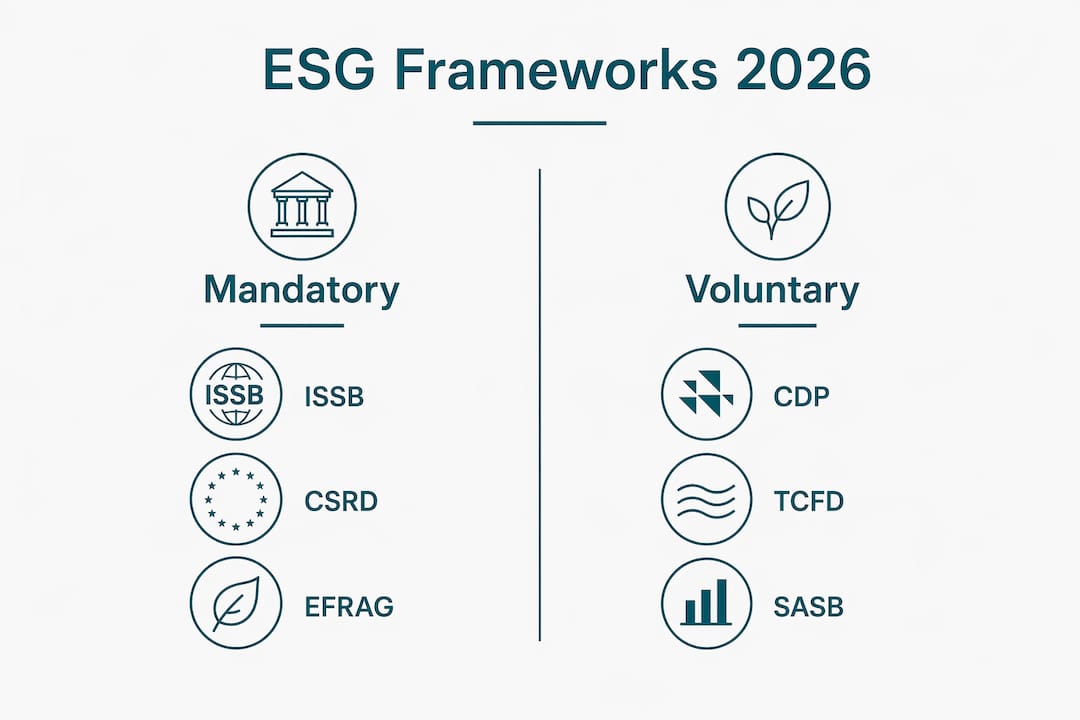 Infographic showing key ESG reporting frameworks 2026