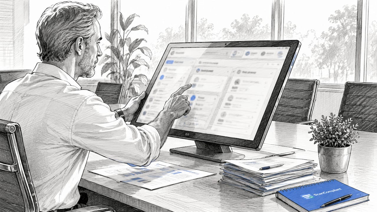 Hands using touchscreen for compliance visual asset review