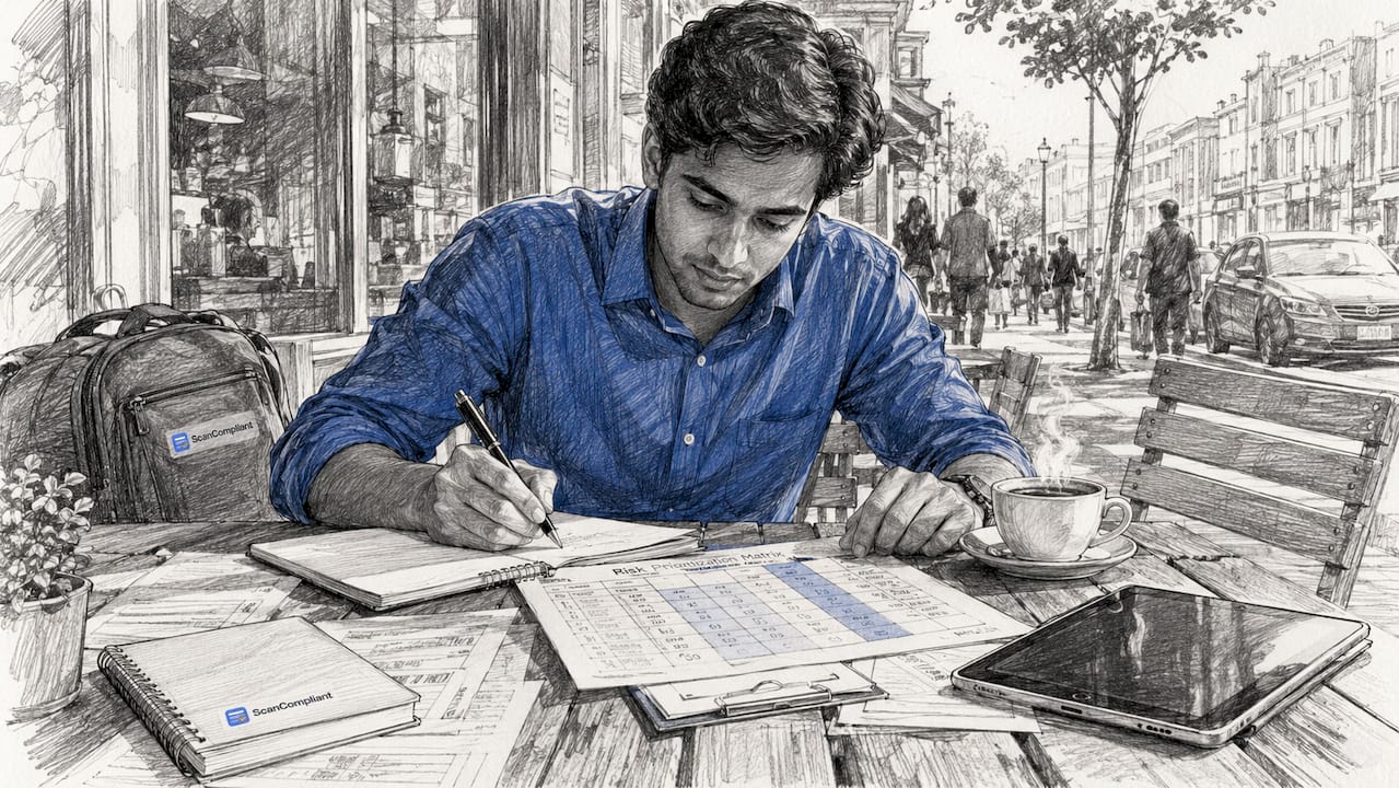 Compliance analyst taking notes on risk scoring matrix