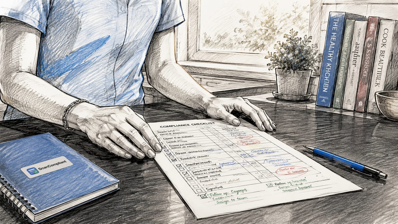 Close-up of hands reviewing compliance checklist