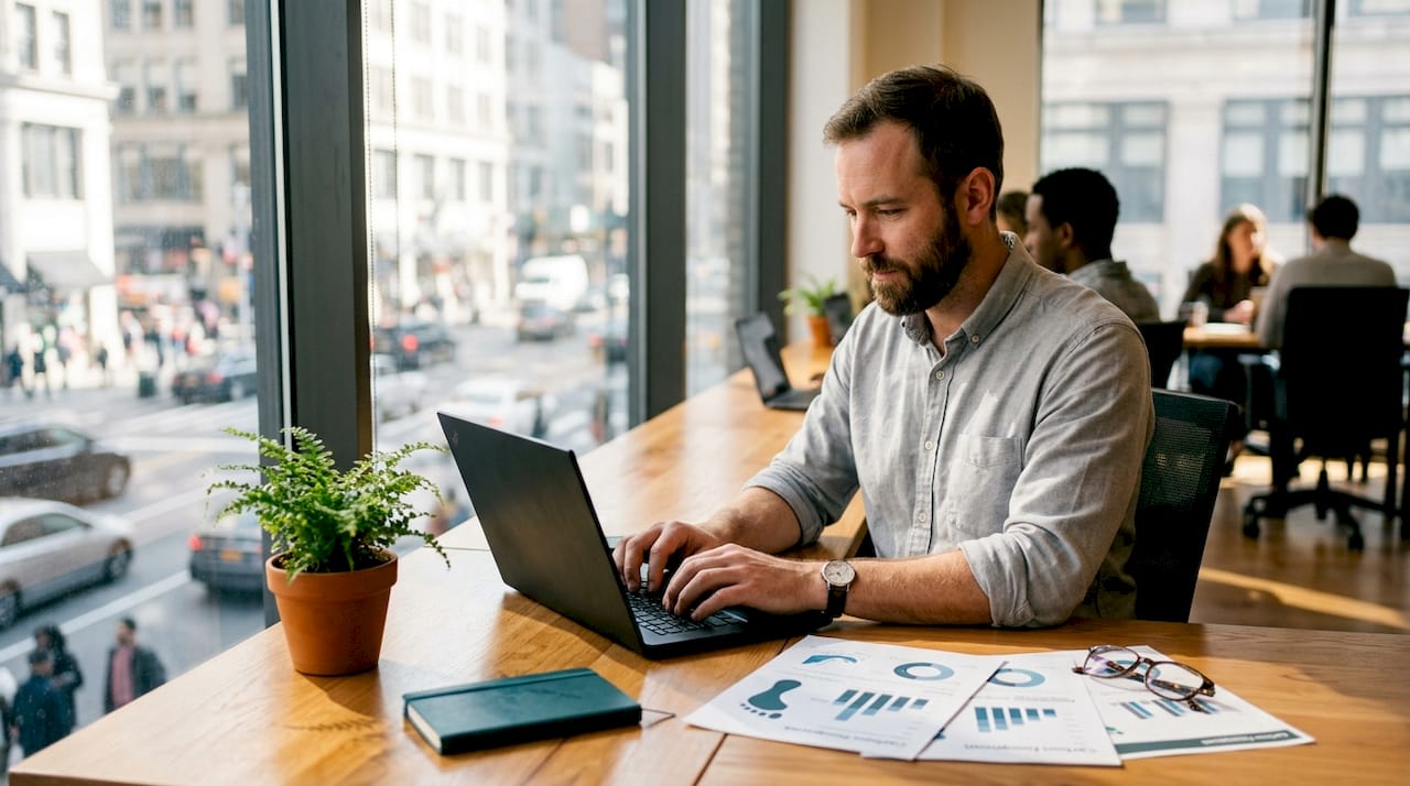 Hands typing on laptop near environmental ESG data charts