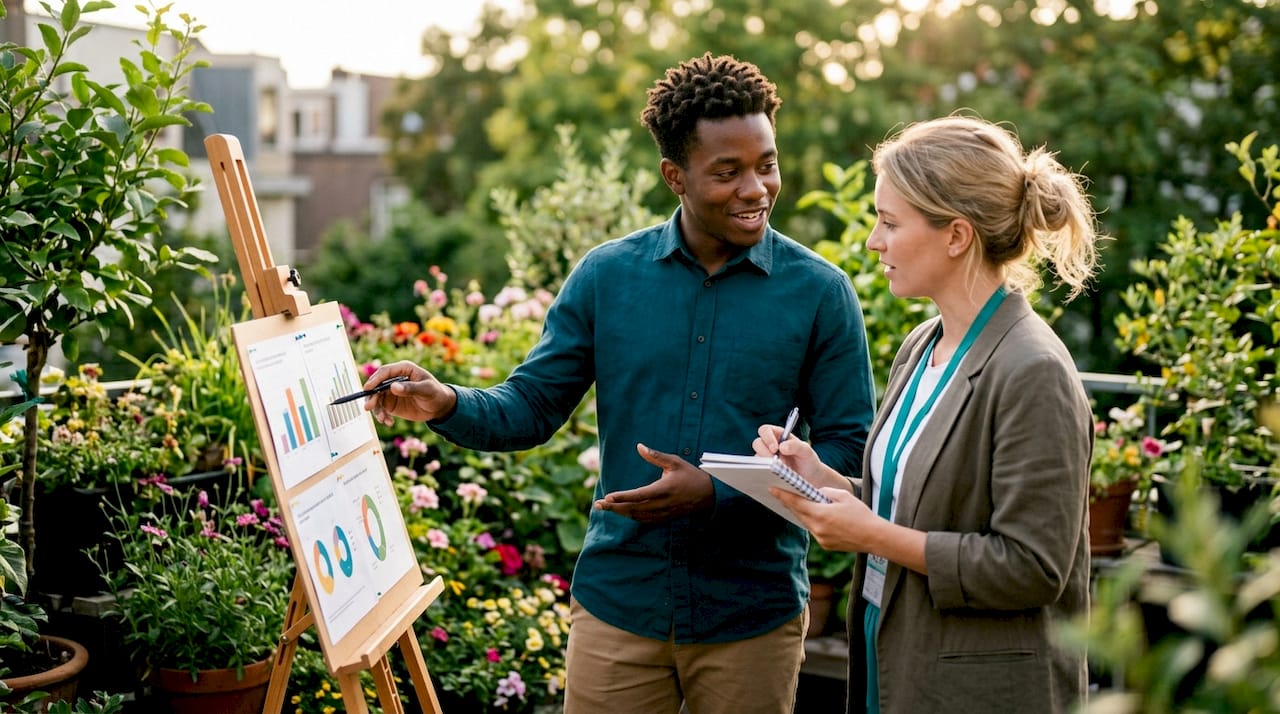 ESG analyst and colleague discussing data charts