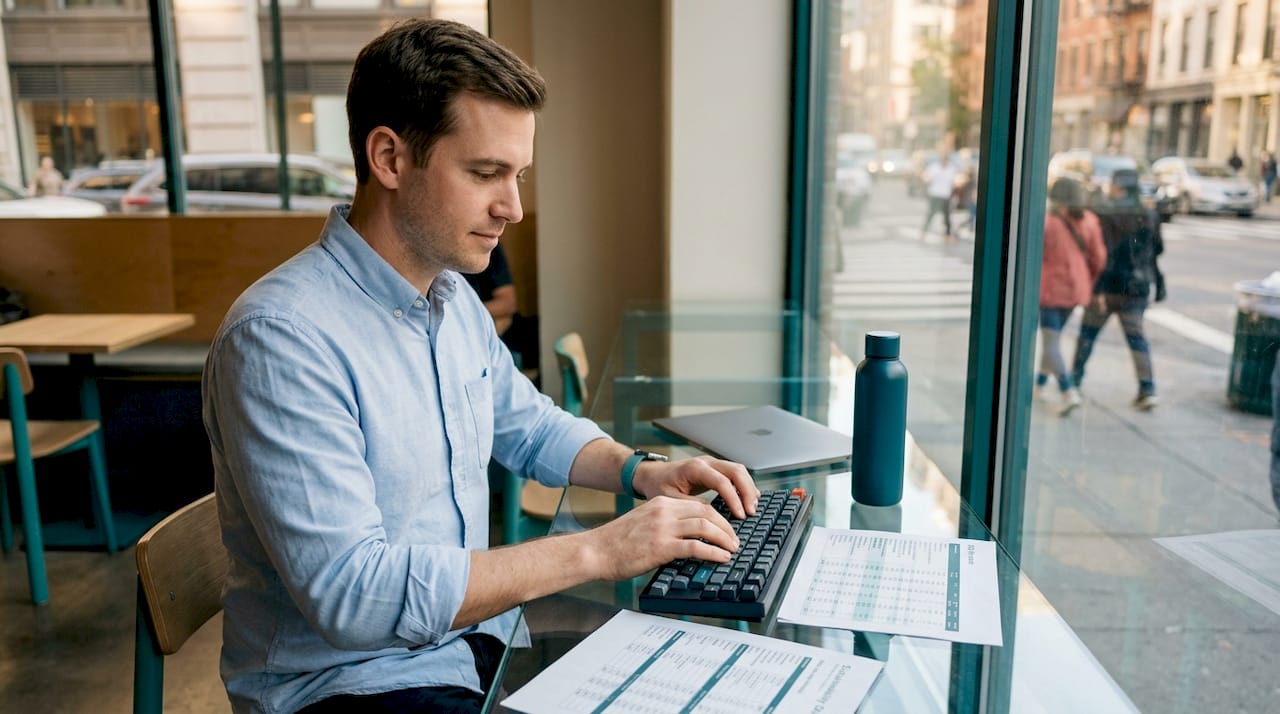 Hands typing ESG data on keyboard at desk