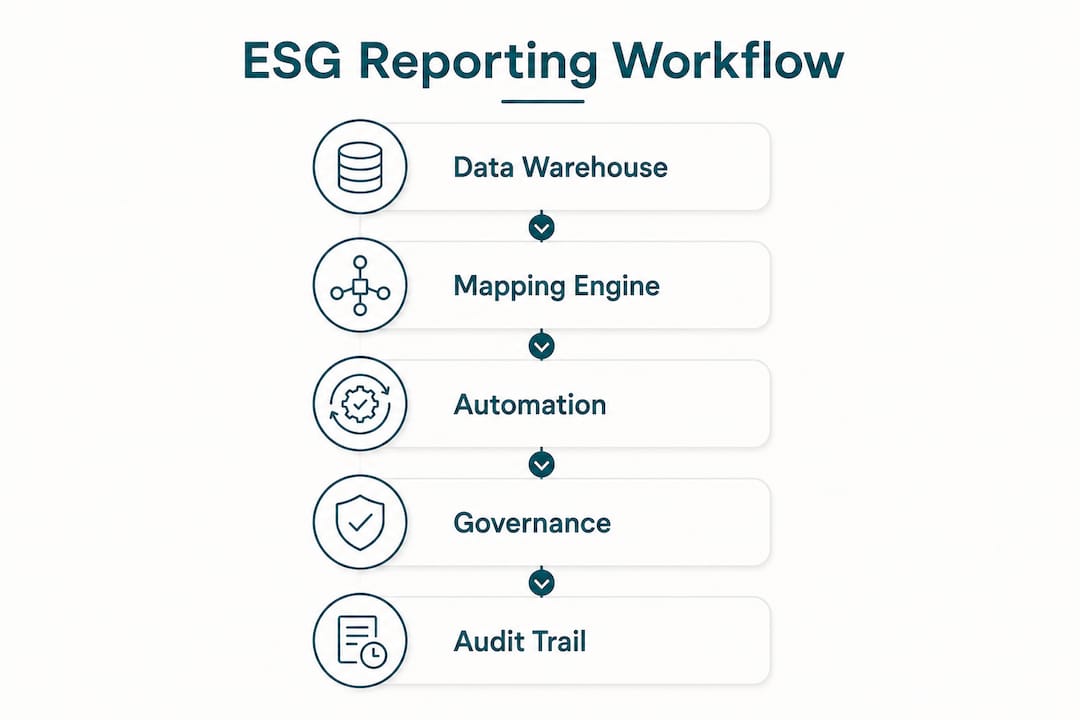 Infographic illustrating five components of ESG reporting workflow
