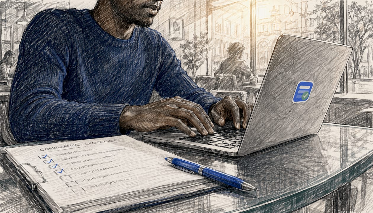 Close-up of hands typing compliance data