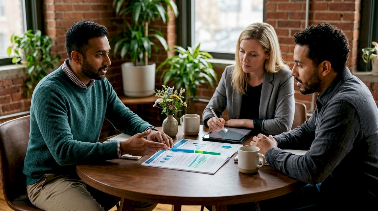 Team discussing traditional financial risk reports in meeting