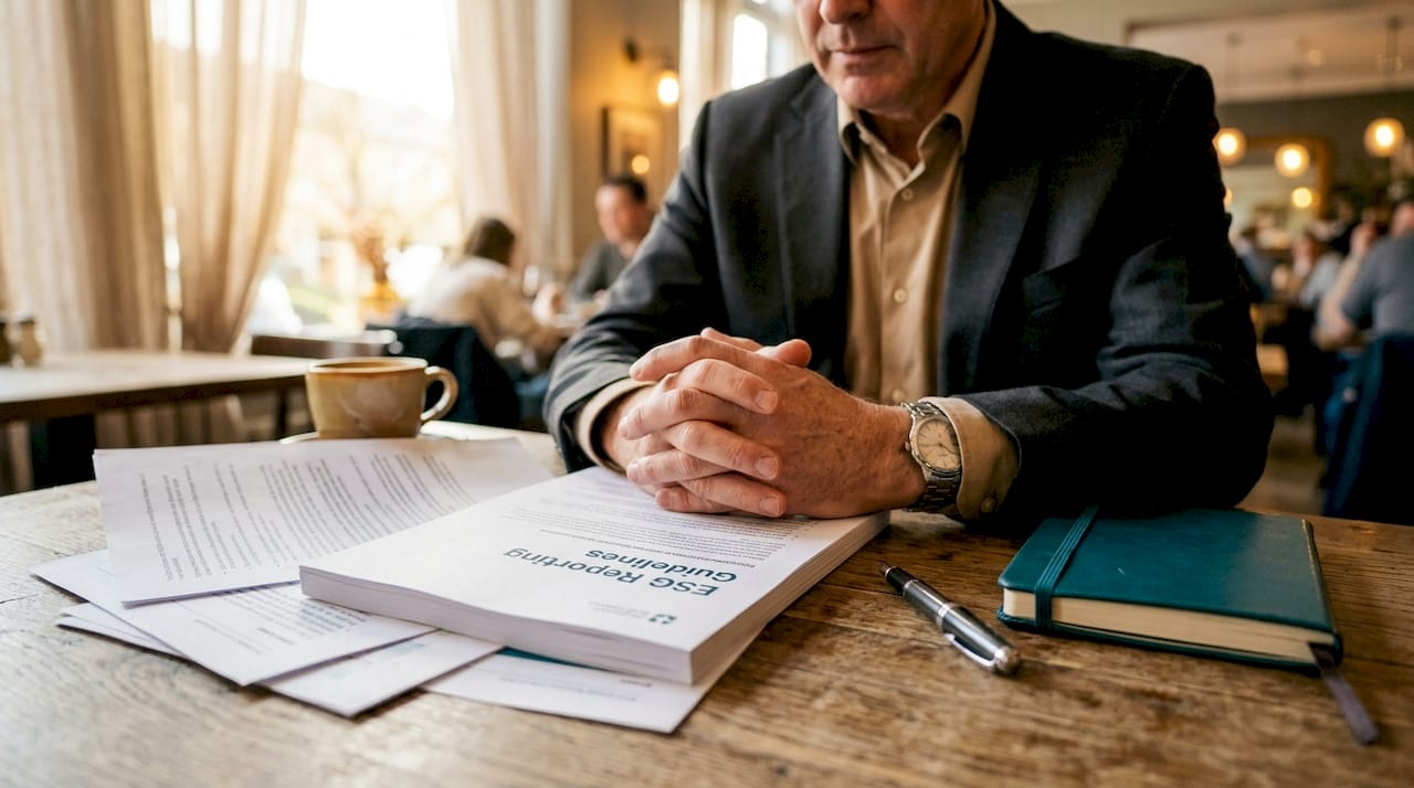 Close-up of hands pointing to ESG reporting document