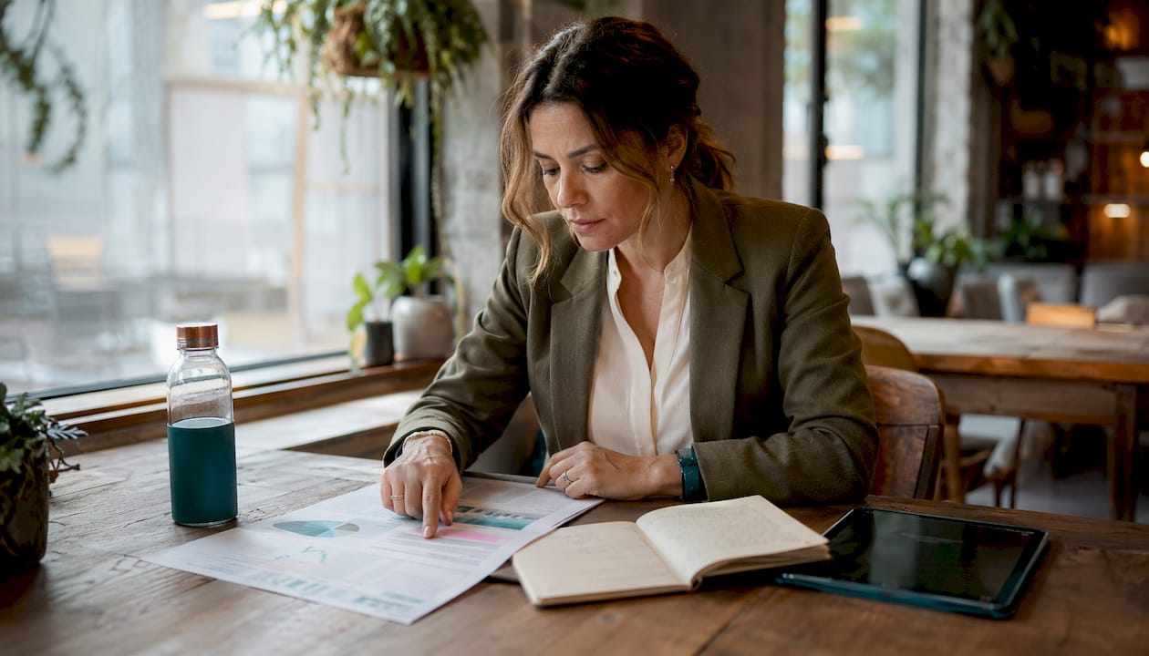Hands typing with ESG financial reports