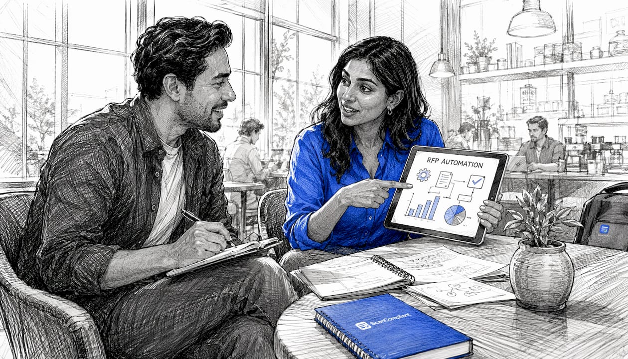 Two professionals discussing RFP automation tools