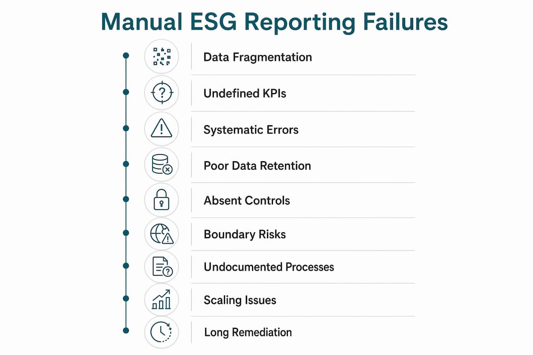 Infographic visualizing main causes of manual ESG reporting failure in steps