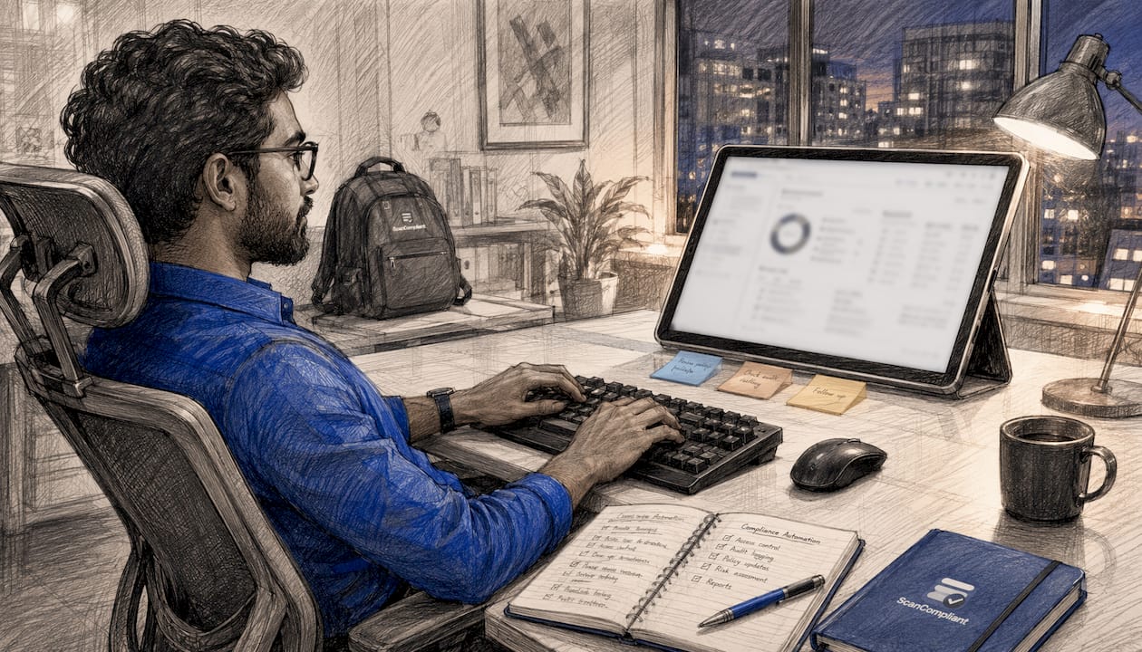 Hands typing at keyboard with compliance dashboard