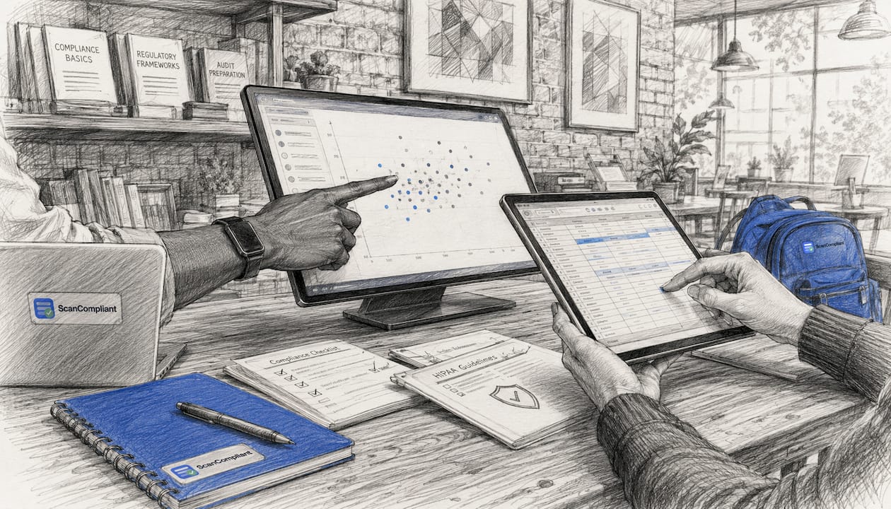 Hands using touchscreen and tablet for compliance automation