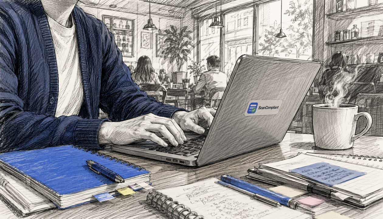 Hands typing near compliance reference books