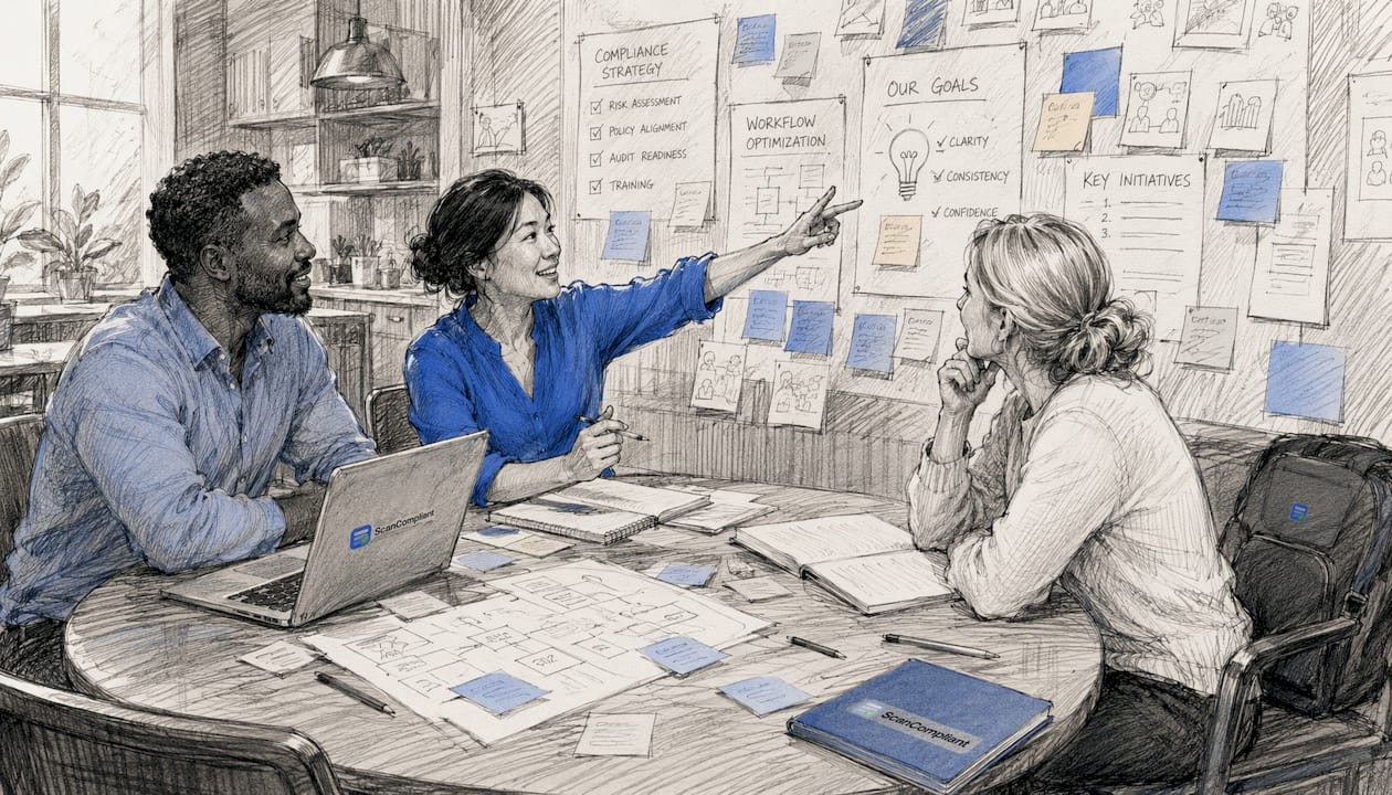 Compliance team collaborating in conference room