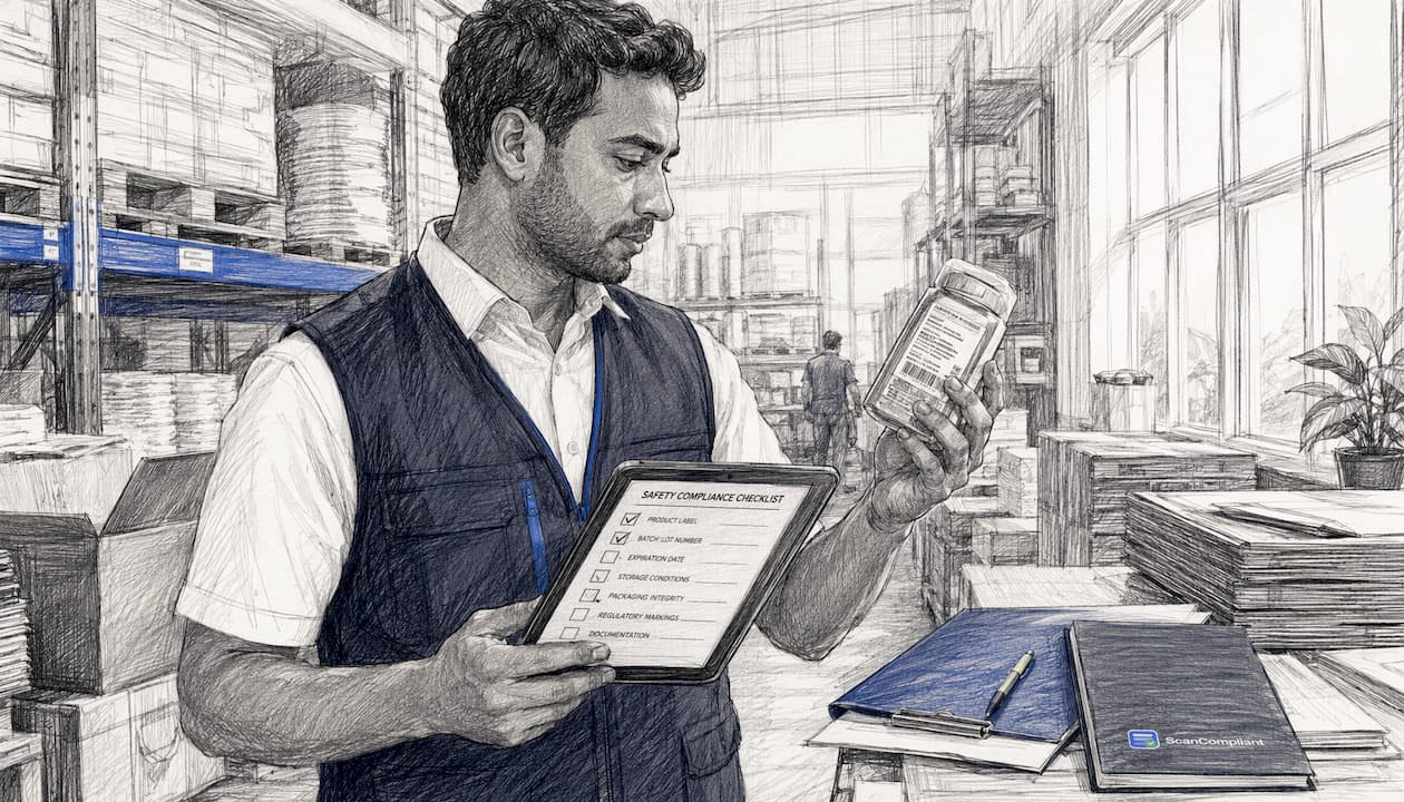 Hands auditing product label in packaging room