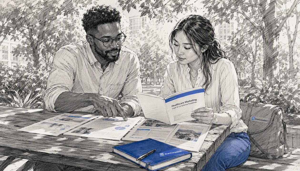 Marketing team reviewing compliance documents together