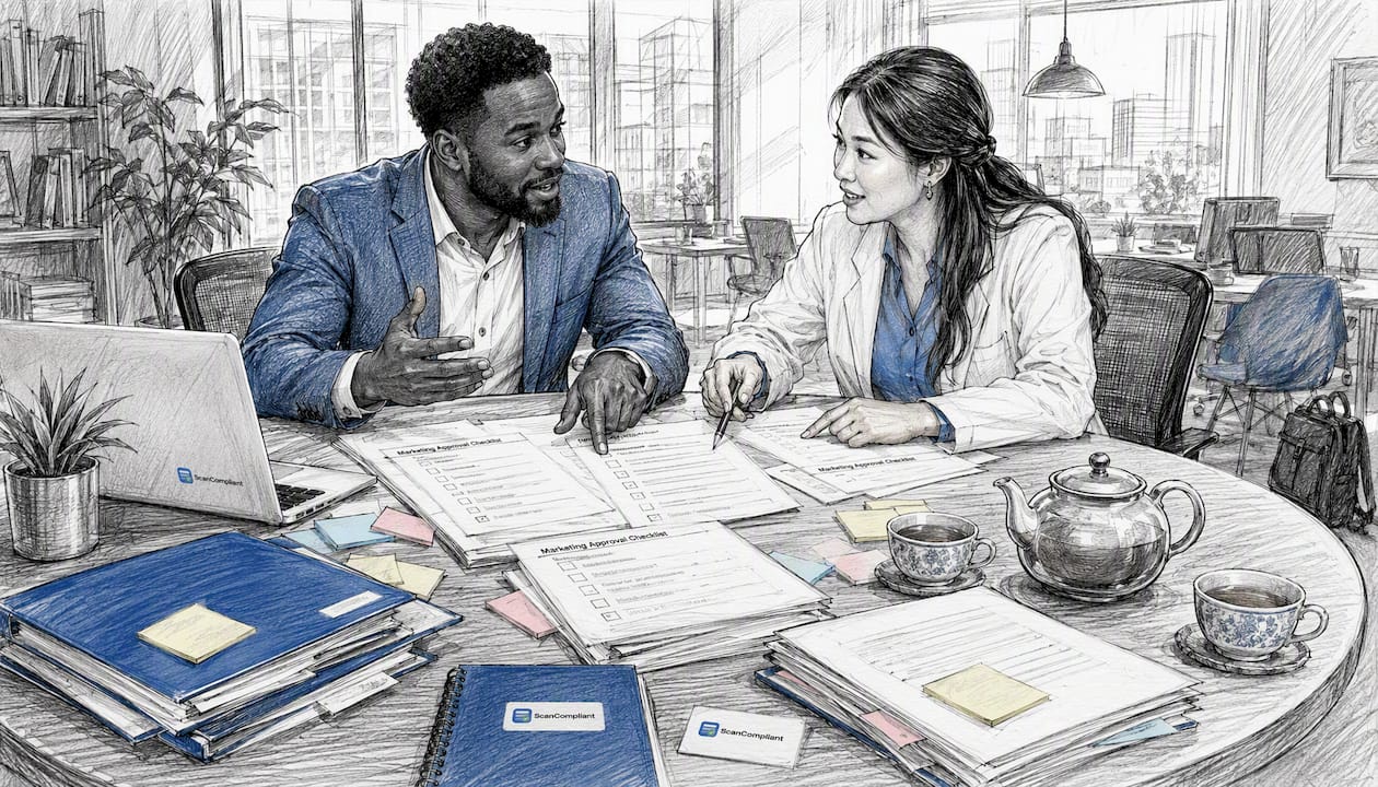 Marketing and medical reviewers discuss approval checklist