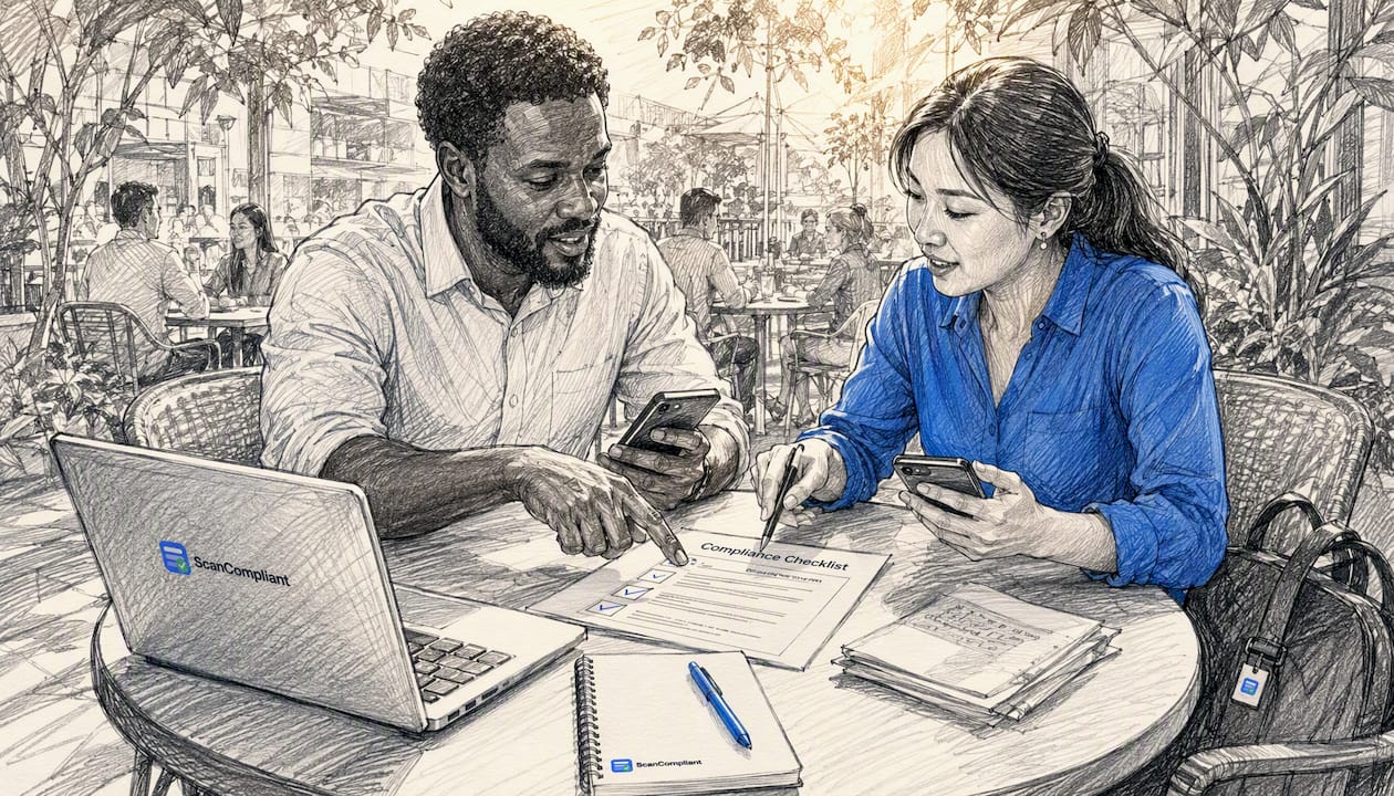 Hands collaborating on pre-launch compliance checklist