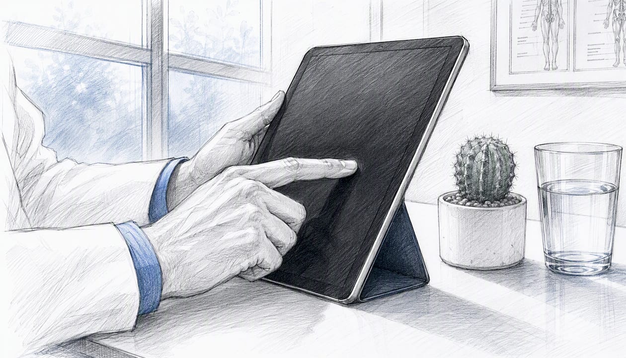 Hands over tablet in healthcare office