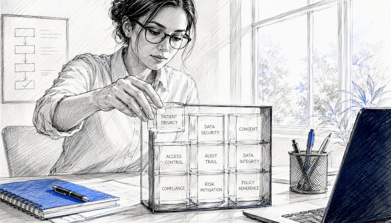 Hands placing risk blocks in compliance workflow