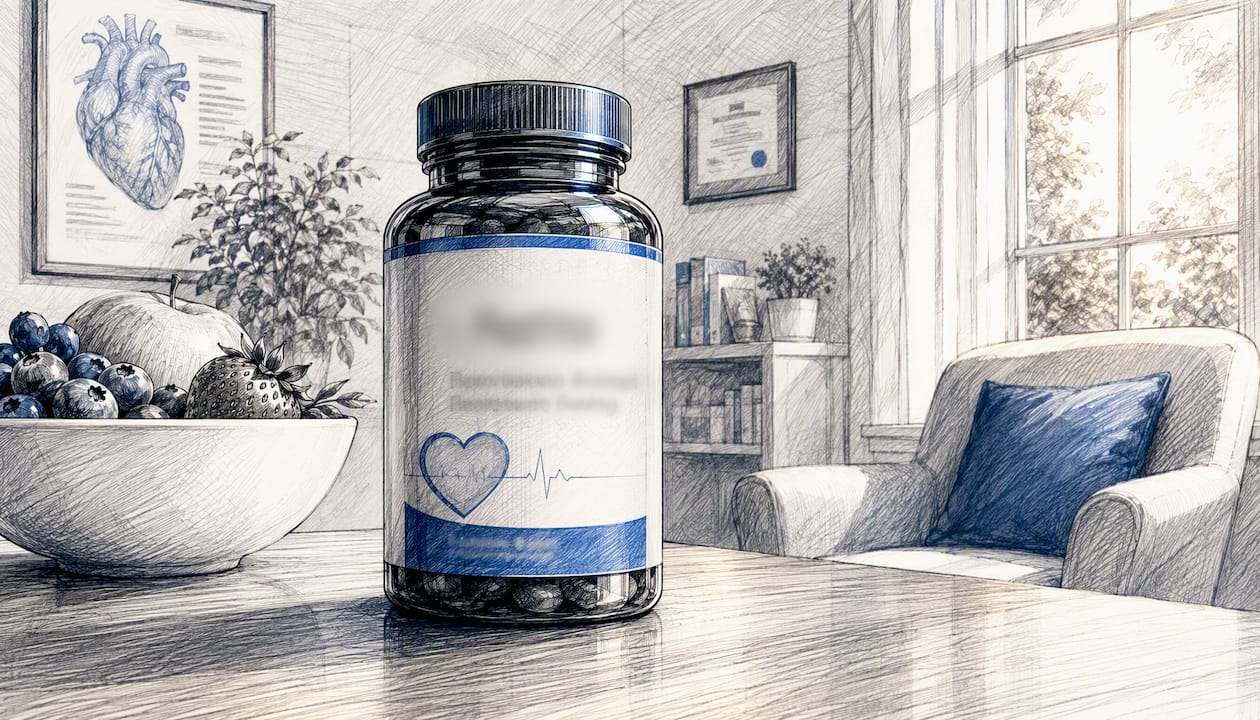 Supplement bottle symbolizing heart health claim