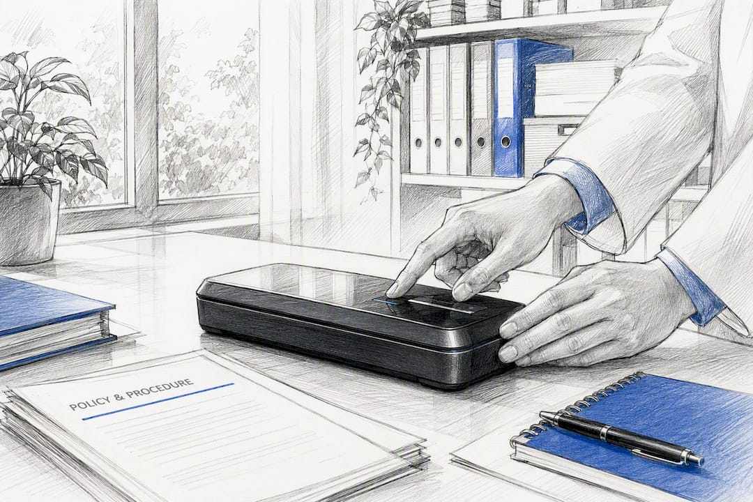Hands activating compliance scanning device