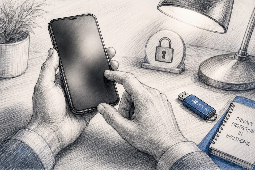 Hands configuring privacy controls in telehealth setup