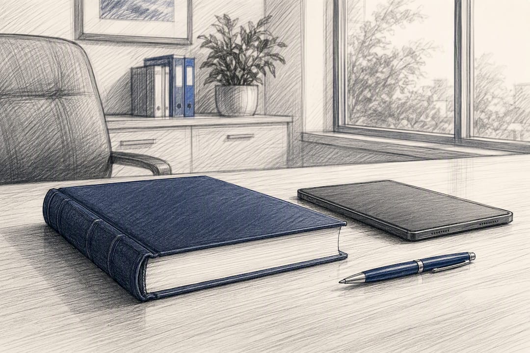 Compliance policy manual and tablet on desk