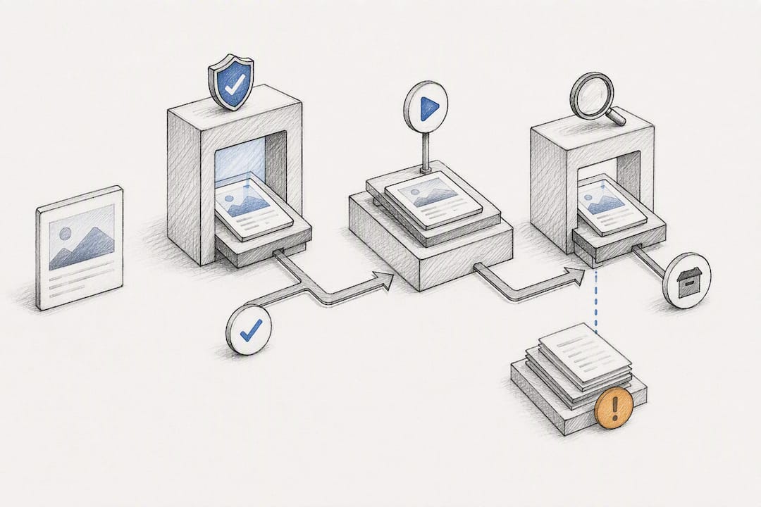 Three-stage content compliance workflow