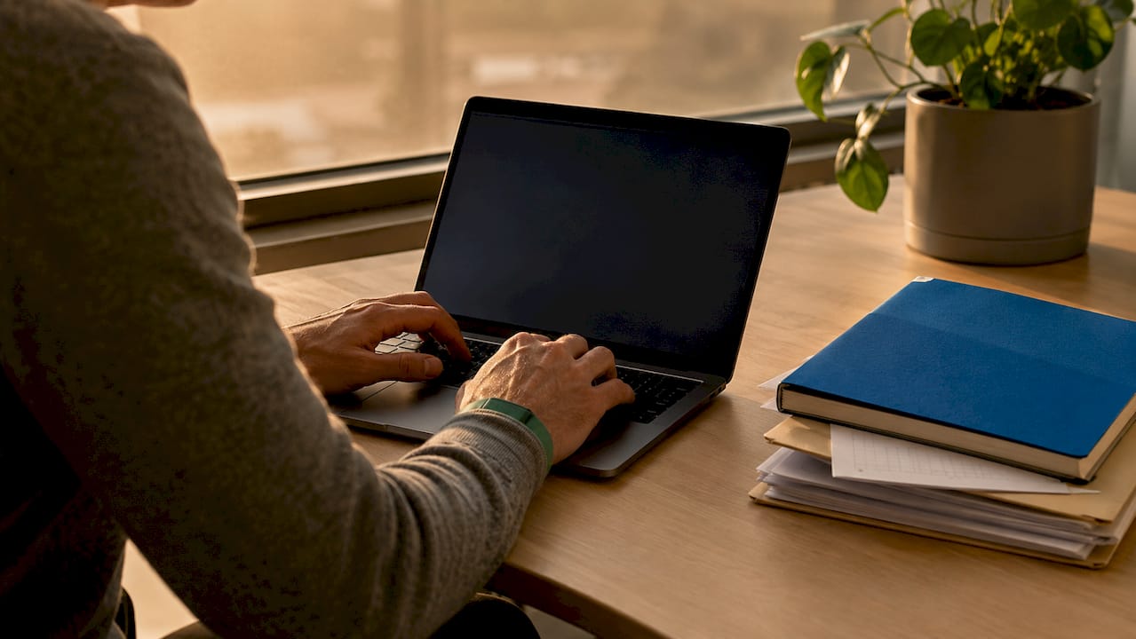 Hands typing laptop technical security check