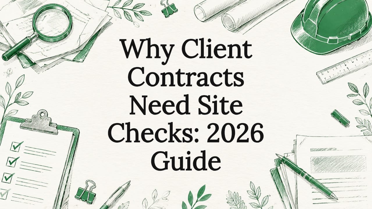 Decorative title card illustration with contract and site check tools