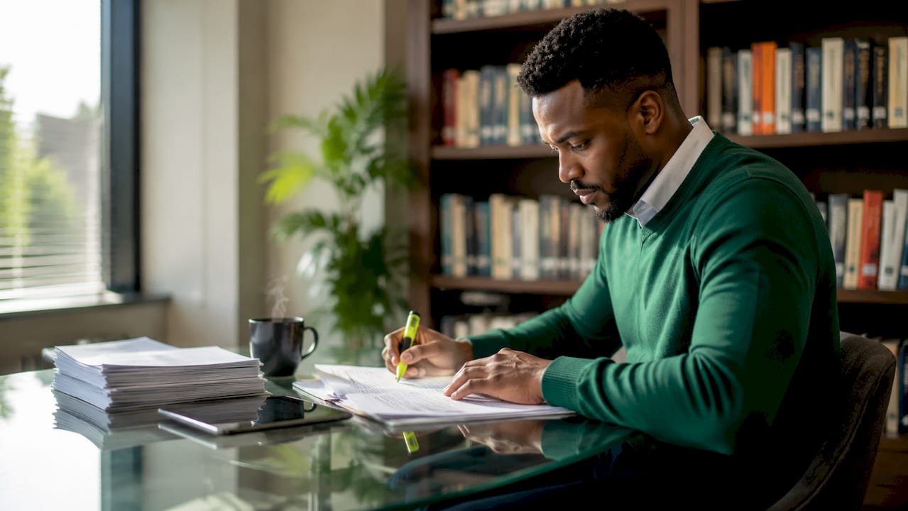 Professional reviewing client contract and site checklist