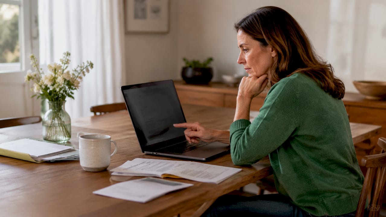 Woman reviewing trust badges on laptop