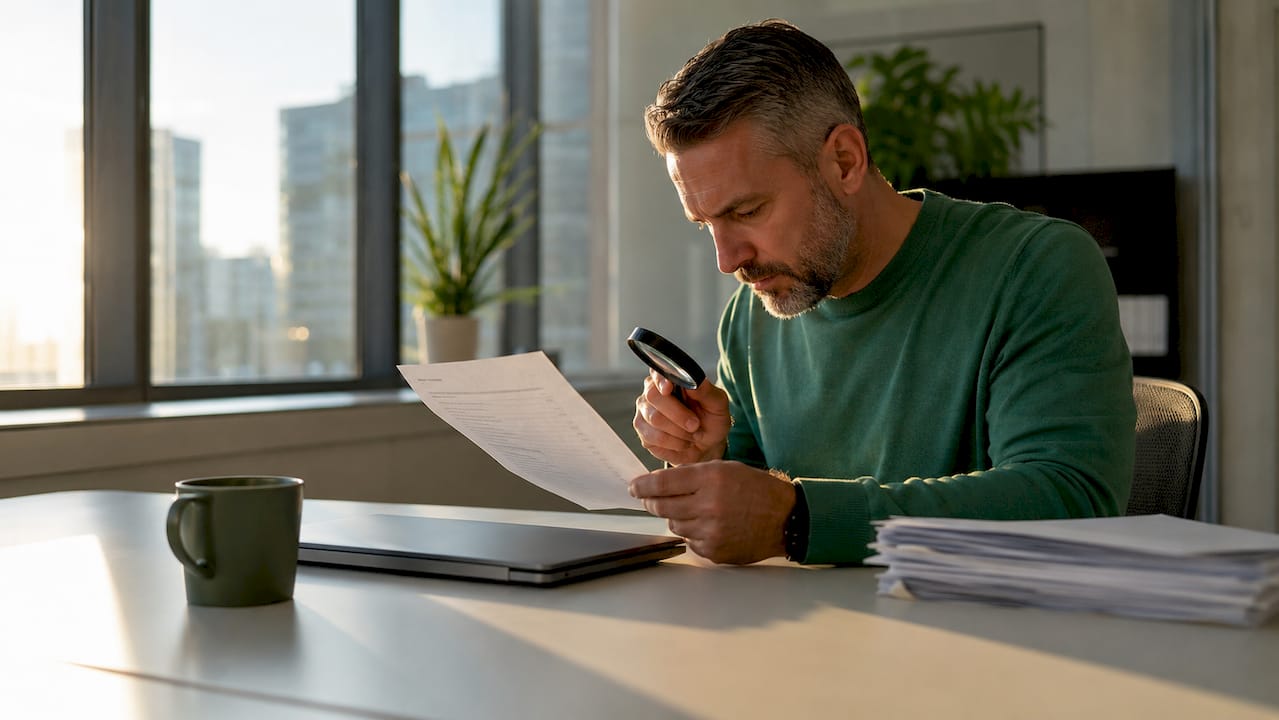 Person inspecting URL details with magnifying glass