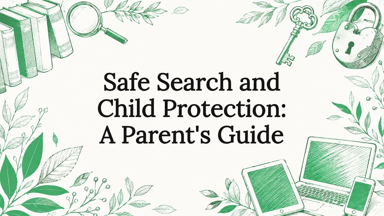 Decorative title card illustration with safe search icons