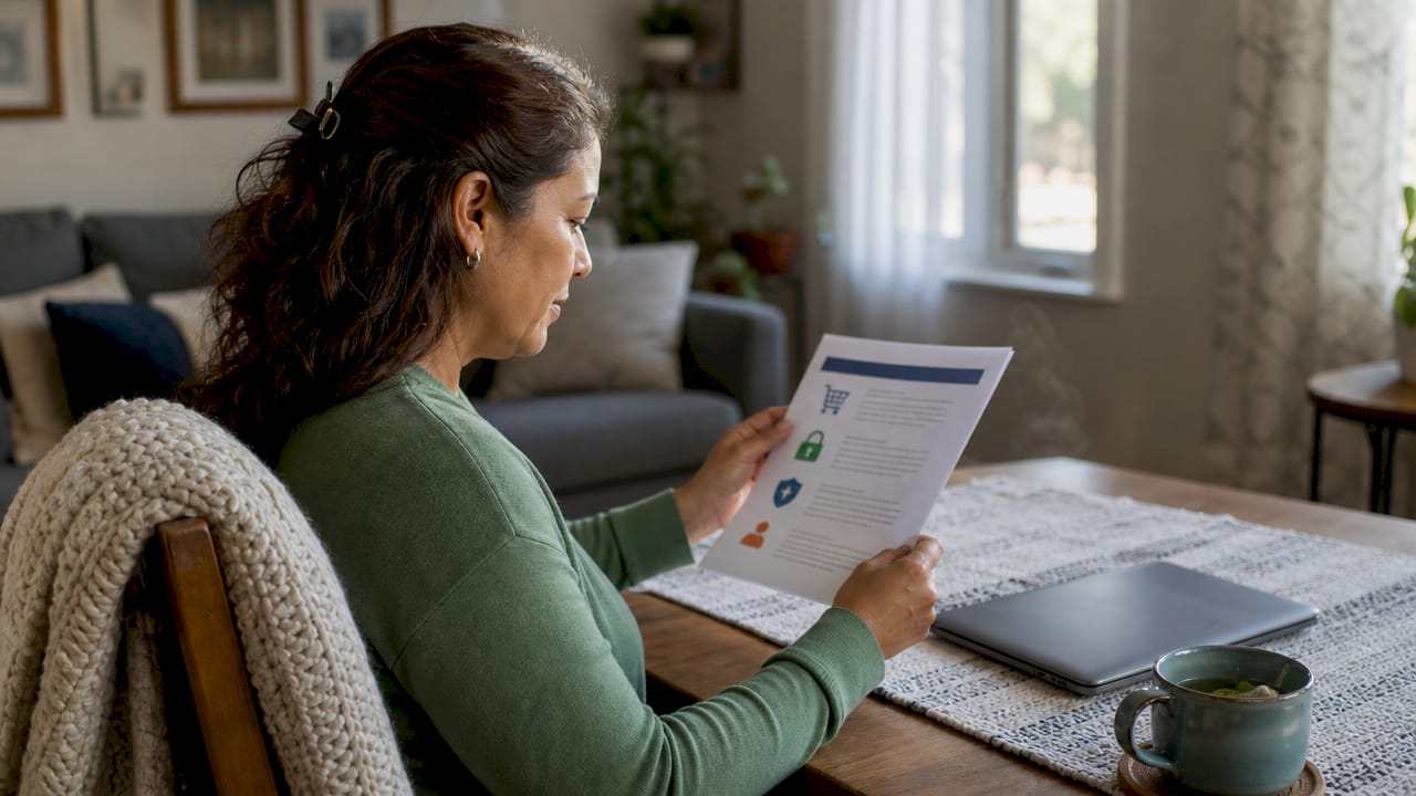 Woman verifying online store trustworthiness at home