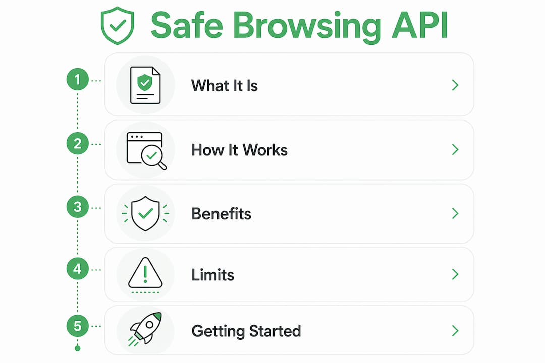 Infographic showing Safe Browsing API key points and workflow