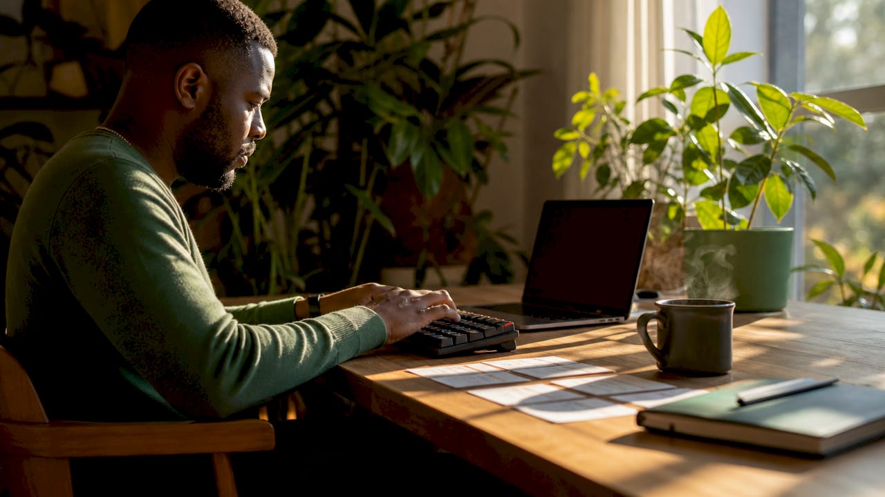 Developer typing at desk with code references
