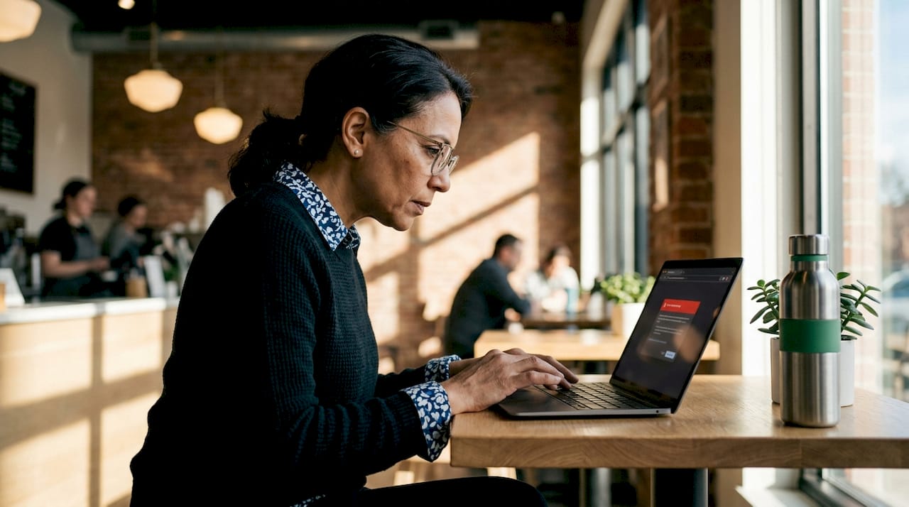 Person reviewing browser security warning on laptop