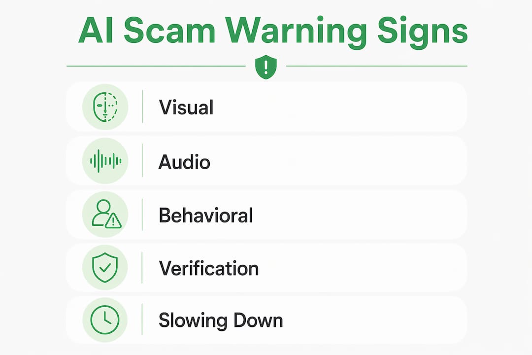 Infographic outlining AI scam warning signs and verification steps