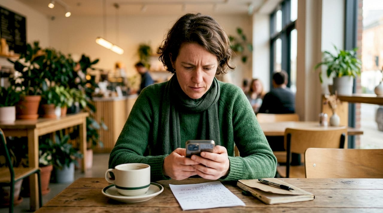 Person analyzing suspicious message on smartphone at desk