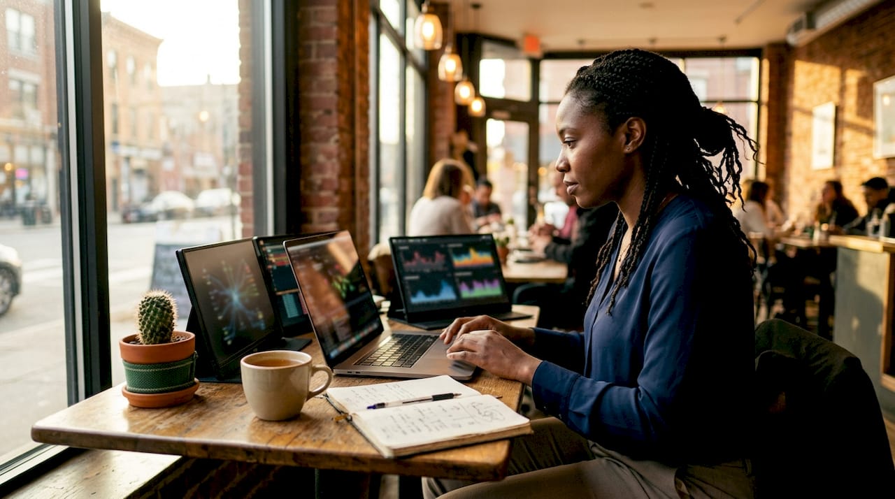 Cybersecurity analyst reviewing network data at desk