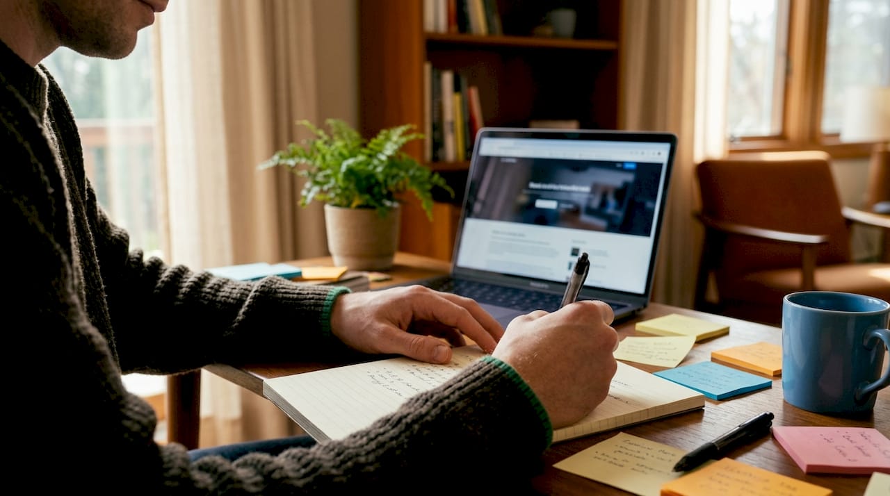 Person evaluating website design on desktop