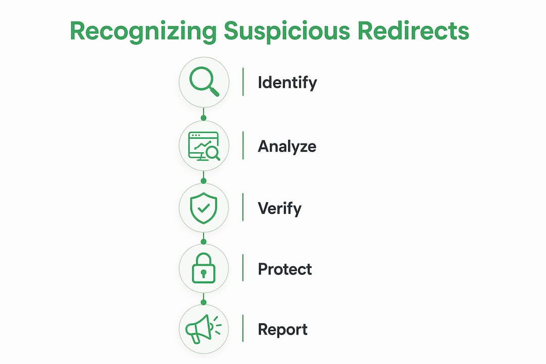 Infographic showing steps to identify suspicious redirects