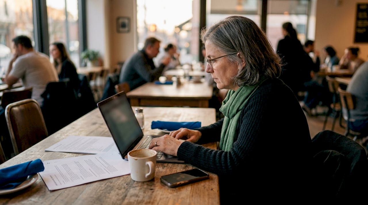 Woman investigating suspicious redirect on laptop