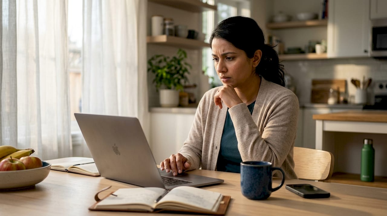 Woman reviewing empty website with broken links on laptop