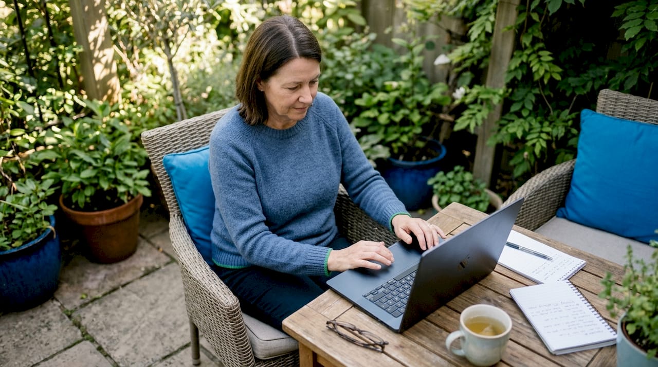 Woman verifying website reviews on laptop at home