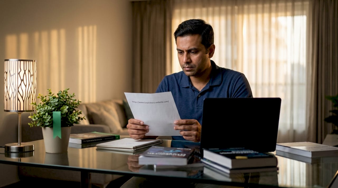 Man reviewing suspicious website URL on paper
